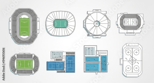 Architectural Blueprints of Various Stadiums and Arenas for Sports and Entertainment.