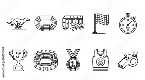 A collection of line art icons representing various elements of sports competition, including racing dogs, tracks, start gates, flags, stopwatches, trophies, stadiums, medals, jerseys, and whistles.