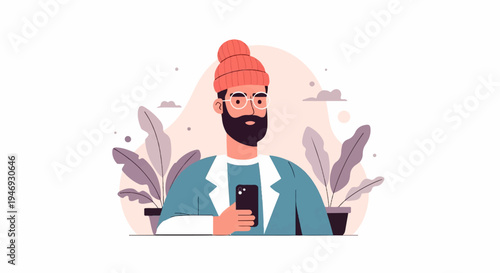 Bearded man in beanie and glasses holding phone, surrounded by plants