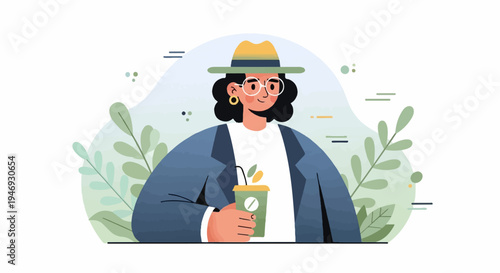 Stylish person in a hat and glasses holding a green beverage amidst green foliage