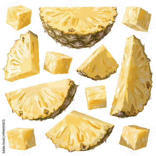 Photorealistic Fresh Pineapple Slices Chunks Variety Set Vector Illustration