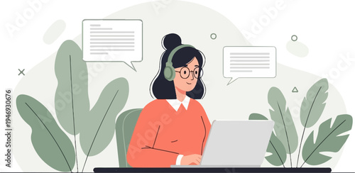 A person wearing headphones and glasses works on a laptop amidst lush foliage and speech bubbles