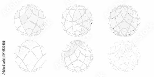 Abstract spherical shapes with cracked surfaces arranged in a grid pattern
