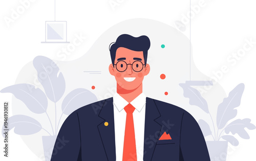 Friendly businessman in suit, smiling, wearing glasses and red tie, against modern background