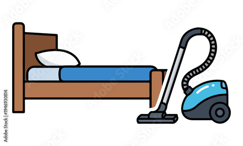 Vacuum cleaner next to a wooden bed illustration on white