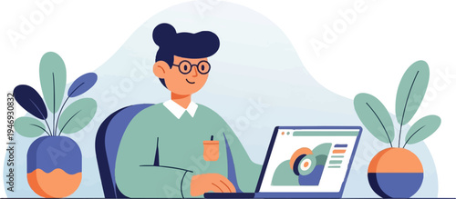 A smiling person with glasses works on a laptop, surrounded by potted plants