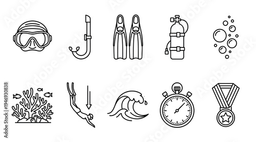 A set of linear vector icons depicting scuba diving equipment, marine life, and related activities like diving and winning.