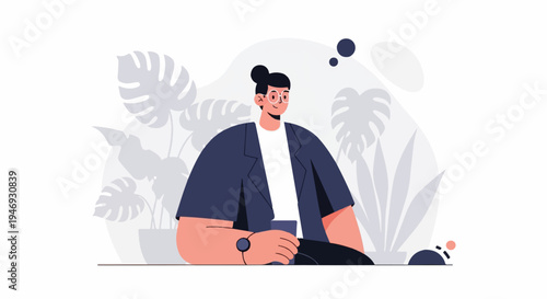 Person in casual wear with glasses and bun hairstyle sits with cup near potted plants