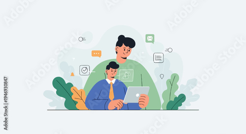 Two figures collaborate around a tablet, surrounded by abstract shapes and digital communication icons