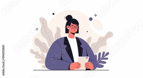 Person in suit jacket holding tablet with plants and abstract shapes