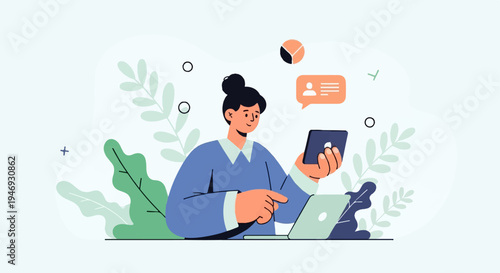 Person using laptop and tablet with communication bubble and plant elements