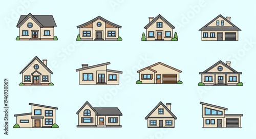 Collection of Diverse House Designs in Pixel Art Style.