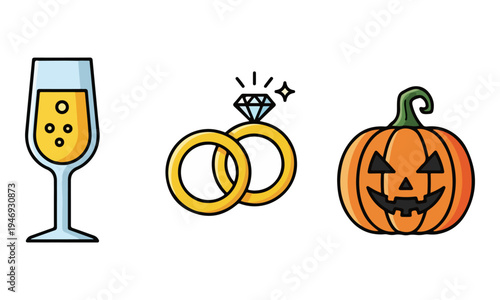 Celebration icon set with champagne wedding rings and Halloween pumpkin