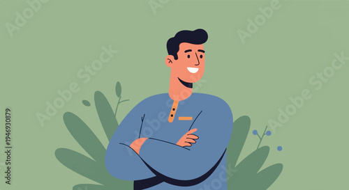 Cheerful man with arms crossed, stands amidst abstract foliage