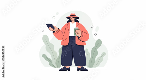 Stylish person in hat holds phone and coffee amidst greenery
