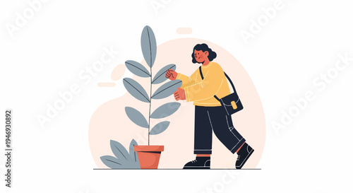 A person tending to a potted plant with a messenger bag