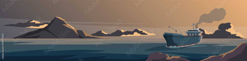 Fototapeta premium Horizontal or Landscape view of lonely oil tanker traverses the narrow shadowy waters of the strait. Flanked by jagged peaks under a heavy amber toned sky.