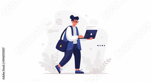 Young person with glasses and bag walking with laptop in stylized, minimalist environment