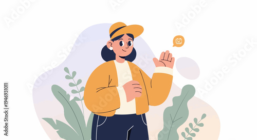 Cheerful cartoon woman in yellow jacket and hat, waving hello with plants