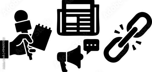 A vector graphic illustration of communication and media icons including a microphone, notebook, megaphone, and chain link on a transparent background.