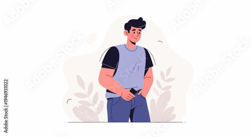 Casual young man with hands in pockets and minimalist plant background