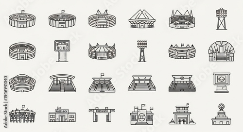 Collection of Stadium Icons - A Variety of Sports Venues in Simple Line Art.