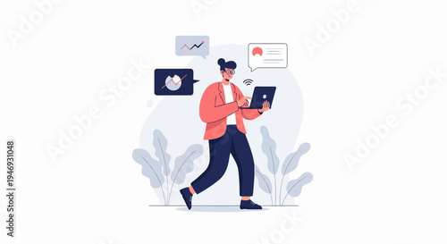 Person in coral jacket walks with laptop, charts, and messages floating