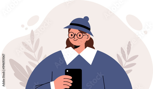 A stylized character in a blue hat and coat holding a phone amidst soft organic shapes and foliage