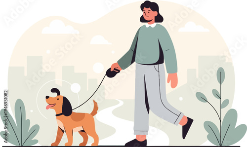 A person and their happy dog stroll through a city park on a pleasant day