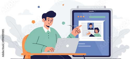 Cheerful person using a laptop, interacting with a tablet displaying profile cards and a video call interface