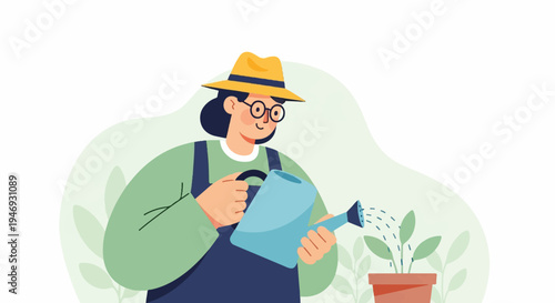 Person wearing hat and glasses waters a small plant in a pot with a blue watering can