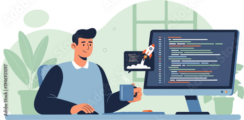 Coder with coffee and rocket icon enjoys a productive day at their computer desk