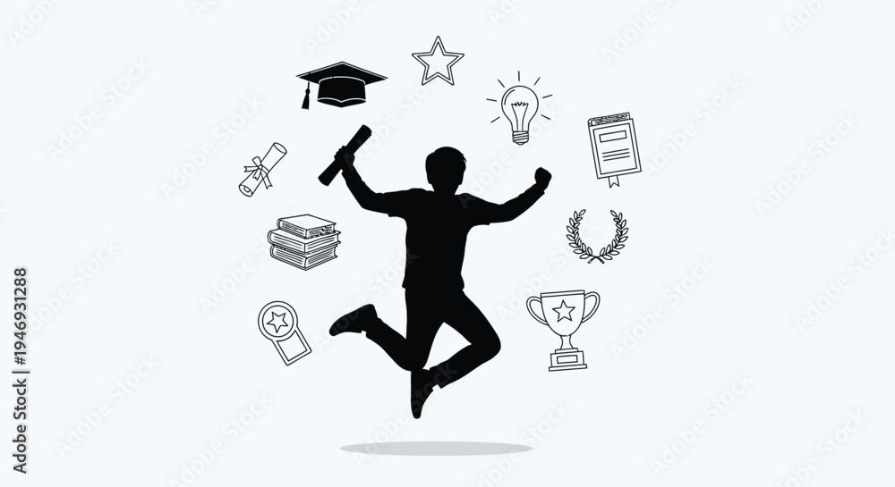 Fototapeta premium A silhouette of a jubilant graduate jumping high in the air, surrounded by symbols of academic achievement and success on a white background.