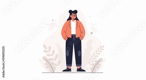 Flat illustration of a person with dark hair, glasses, orange jacket, and dark pants