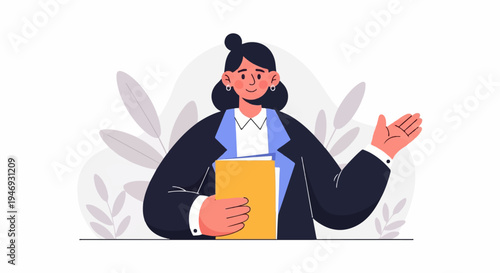 A smiling professional in a suit holds a folder, gesturing with an open hand