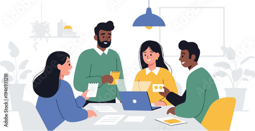 Diverse team collaborates around a table with a laptop and papers, surrounded by plants and office decor