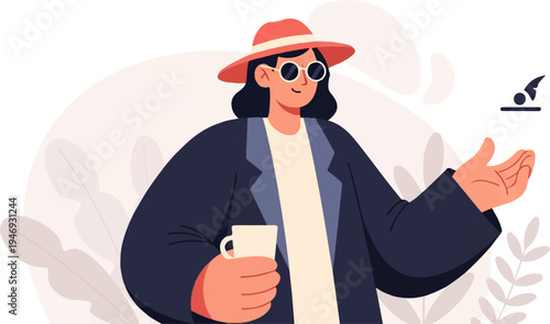 Stylized person in hat and glasses holds cup, gestures outdoors with abstract plants
