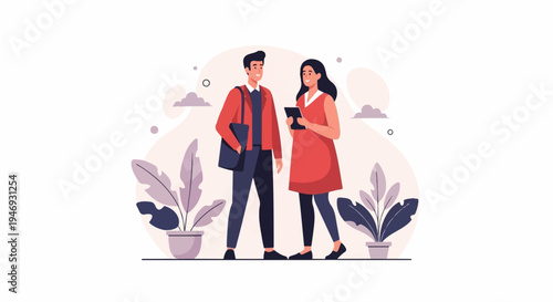 Two casually dressed individuals, one holding a bag, the other a tablet, stand amidst stylized foliage and clouds