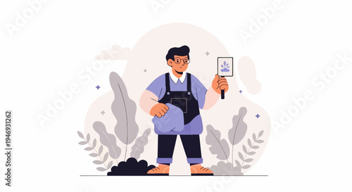 A stylized illustration of a person holding a paintbrush with a purple splash, wearing overalls and glasses