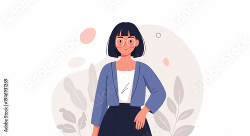 Stylish woman with glasses and bob haircut, wearing a blue jacket and dark skirt