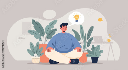 A person meditating surrounded by plants, contemplating an idea