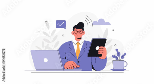 Man in a suit working on a laptop and tablet, with a coffee cup and plants nearby