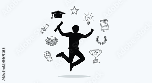 A silhouette of a jubilant graduate jumping high in the air, surrounded by symbols of academic achievement and success on a white background.