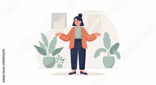 Woman with open arms, wearing a jacket and trousers, surrounded by potted plants