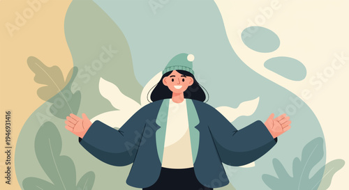 Cheerful person with open arms, wearing a hat and jacket, against soft, abstract natural shapes