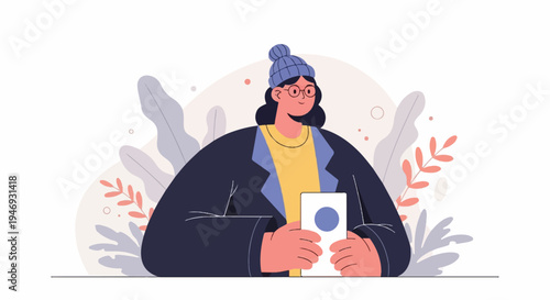 A person in a beanie and glasses holds a device, with stylized plants behind