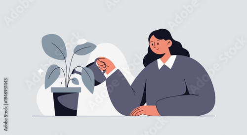 Person watering a potted plant with a watering can, flat illustration style