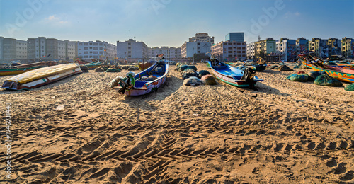 Chennai Beach, Bay of Bengal, Chennai, Tamil Nadu, India, 20-February-2026, boats on the beach