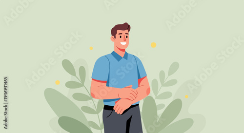 Flat illustration of a smiling man in a blue polo shirt and grey pants amidst abstract foliage and yellow dots