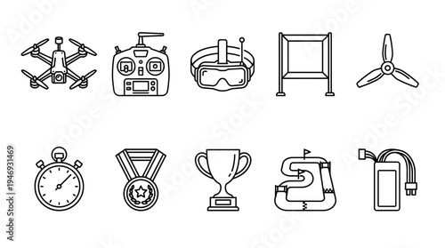 A clean line art illustration showcasing a collection of drone racing elements, including a drone, controller, goggles, trophy, and track.